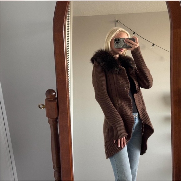 Sweaters - Brown Fur-Trimmed Women's Sweater